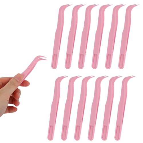 12pcs Plastic Tweezers, 11.5cm/4.5in Non-Slip Grip Bent Tip Jewelry Tweezers Crafts Baking Decorations & Reptile Feeding for DIY Jewelry Making Kids (Pink)