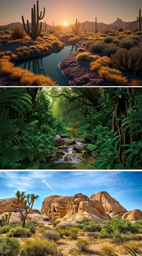 3 Pack Terrarium Background 48x24 inches Fabric Terrarium Reptile Background Stream Gobi Cactus Green Leaves Jungle Forest Desert Fern Terrarium Background - size: 48X24inch