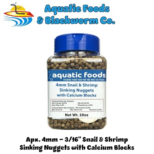 Calcium Blocks Included in Snail & Shrimp, 4mm-3/16 Sinking 40% Protein Nuggets with for Snails, Shrimp, Crabs, All Bottom Tropical Fish…10oz Jar - size: 10 Ounce (Pack of 1)