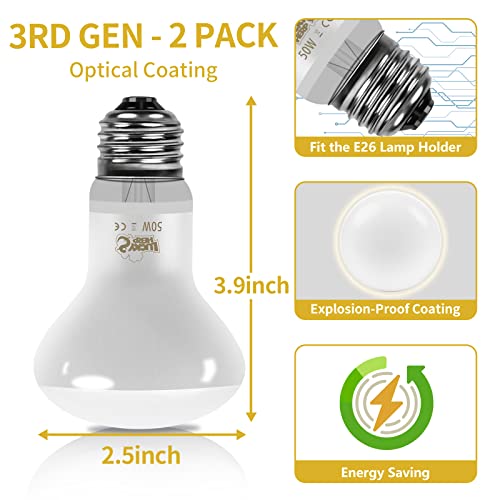 LUCKY HERP New Upgrade 50W Reptile Heat Lamp Bulb (3rd Gen, Safer), Amphibian Basking Spot Light Bulb, UVA Reptile Daylight Bulb for Turtle, Bearded Dragon, Lizard Heating Use (2 Pack) - size: 50