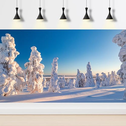 Winter Snow Scene Fish Tank Background Sunrise Snow Covered Wonderland Aquarium Background Wintry Frosty Pine Trees Natural Landscape Terrarium Backgrounds Winter Snowy View Tank Backgrounds 24x12in - color: Light Blue_White, size: 24(W)x12(H)inches/ 60(W