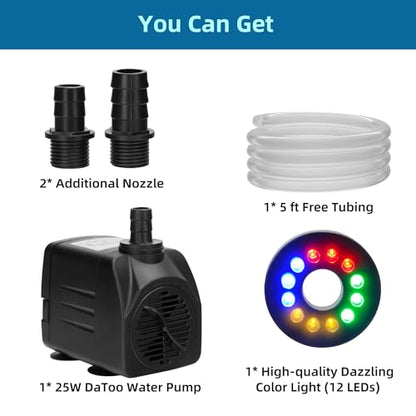 DaToo Mini Submersible Fountain Water Pump With LED Light 400GPH 25W Small Ultra Quiet Water Pump With Tubing For Aquarium Fish Tank Outdoor Pond Water Feature Fountain Statuary - size: 400GPH 25W(12 LED)