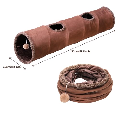 51"x 12" Collasiple Cat Play Tunnel, Cats Tubes and Tunnels, Cat Foldable Hide and Seek Tunnel Toy, Brown Suede Pet Tube Toy for Rabbits, Ferrets, Puppy, Diameter 12 Inch