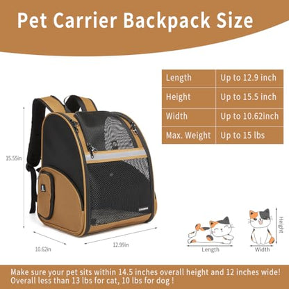 Cat Backpack Carrier for Small Dogs and Medium cat Puppy Kitten Bunny Pet Carrier Backpack Collapsible with Fully Ventilated Mesh with Safety Leash (Brown, 12.9" L x 10.62" W x 15.5" H - M) - color: Brown, size: Medium