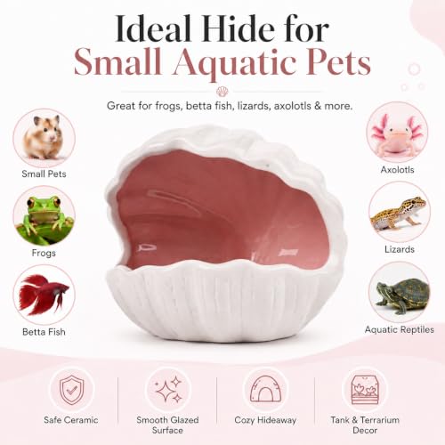 Ceramic Axolotl Hideout Shell Shape, Double-Sided Glazed Fish Tank Decoration Cave, Extra Large Aquarium Shelter Tunnel Hide for Small Pet, Frog, Betta, Lizard, Aquatic Reptile - Pink