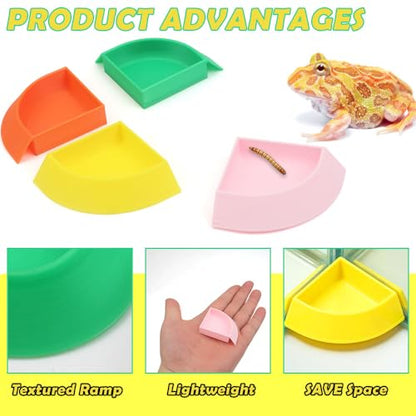 4 Pack Corner Reptile Food Water Dish, 3D Printed Quadrant Feeding Bowl for Leopard Gecko Lizard Bearded Dragon Chameleon Snake, Plastic Worm Feeder Plate for Small Reptile Pet Habitat