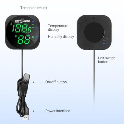 REPTI ZOO Thermometer Hygrometer, LED Digital Thermo Hygrometer for Reptile Terrarium Pet Rearing Box, Reptile Tank Thermometer with 55.2" Cable USB Power Supply