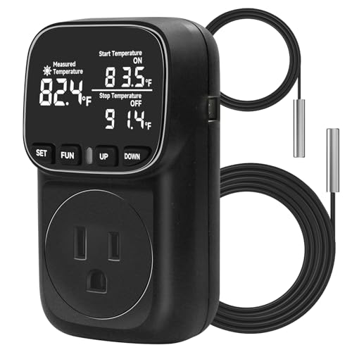 Temperature Controlled Outlet , 15A/1800W Digital Thermostat Outlet, Cyclic Timing/Countdown, -40℉~210℉ VA Display Heating Cooling Control Timer with 2Pcs Probe Cable for Reptile Incubator - color: Black