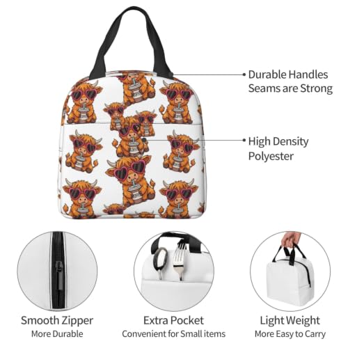 Unisex Funny Highland Print Insulated Lunch Box Durable | Cute Funny Highland Cow Heart Glasses, Oxford Foam Insulated Tote, Adjustable Strap for Travel, Gym & Hiking - color: Pattern (864)