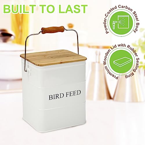 Bird Seeds storage container,Bird Seed Container,Metal food tin for Birds, pet snacks Canisters with wooden lid/handle/sevice scoop,hold 5-6 lbs - color: Bird-White