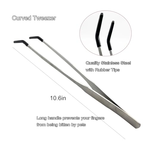 Stainless Steel Straight and Curved Tweezers Aquarium Tweezers with Rubber Tips Long Handle Reptile Feeding Tongs for Fish Tank Aquatic Plants, 2pcs, 10.6 Inch, Silver
