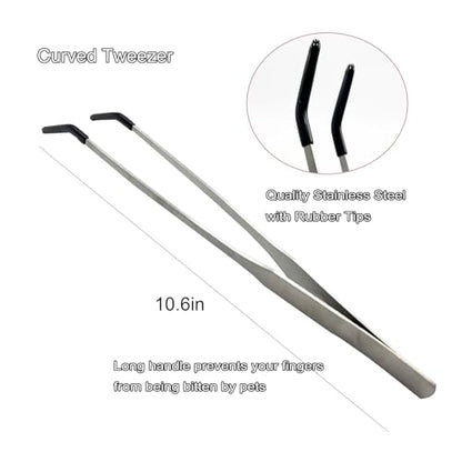 Stainless Steel Straight and Curved Tweezers Aquarium Tweezers with Rubber Tips Long Handle Reptile Feeding Tongs for Fish Tank Aquatic Plants, 2pcs, 10.6 Inch, Silver