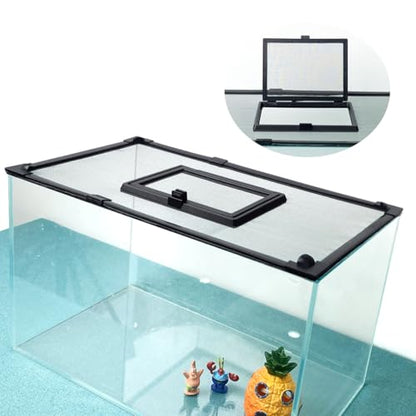 Magnetic Fish Tank Cover with Feeding Window Dark Grey Frame Grey Fiberglass Net,DIY Fish Tank Lid Adjustable Size Fit Tank Size Max 35''X19'' for Preventing Fish from Jumping Out and Reptile Escaping - color: Dark grey frame fiberglass net(with a small w