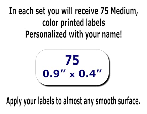 75 Personalized Waterproof Name Labels. Press and Stick Multi use Custom Name Labels. Customized 2 Lines of Text and Color. ID Identification Name Stickers with Permanent Self Adhesive. - color: 75 Medium Labels - White Background