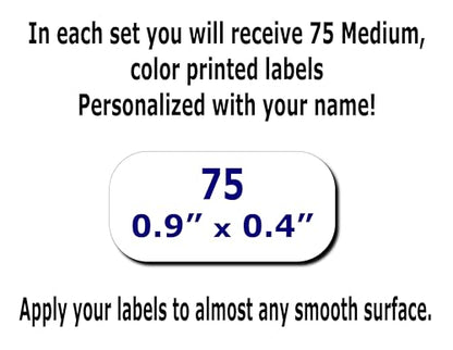 75 Personalized Waterproof Name Labels. Press and Stick Multi use Custom Name Labels. Customized 2 Lines of Text and Color. ID Identification Name Stickers with Permanent Self Adhesive. - color: 75 Medium Labels - White Background