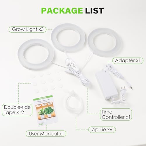 LORDEM 6.3” Ceiling Grow Lamp for Indoor Plants, 216 LEDs Full Spectrum Halo Plant Light, Under Cabinet Grow Lights with 4/8/12H Auto Timer, 3 Switch Modes, 4 Dimmable Brightness Levels, Tri Head - color: Triple Light--White