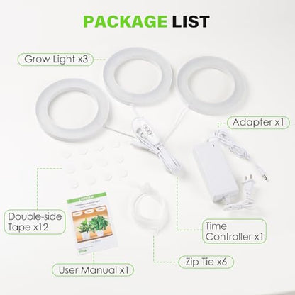 LORDEM 6.3” Ceiling Grow Lamp for Indoor Plants, 216 LEDs Full Spectrum Halo Plant Light, Under Cabinet Grow Lights with 4/8/12H Auto Timer, 3 Switch Modes, 4 Dimmable Brightness Levels, Tri Head - color: Triple Light--White