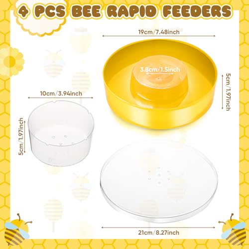 4 Pcs Bee Rapid Feeders Round Hive Top Water Feeder Plastic Drinking Bowl Beehive Feeder for 8 or 10 Frame Bee Hives Bee Drinking Equipment Beekeeping Supplies, Yellow