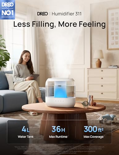 DREO 4L Humidifiers for Bedroom, 36H Runtime, 28 dB Quiet, HM311 | Easy to Refill & Clean, BPA-Free, Nightlight, Supersized Air Humidifiers for Large Room, Baby Nurseries, Plants, Indoor | Easy to Refill & Clean, BPA-Free, Nightlight, Supersized Air Humid