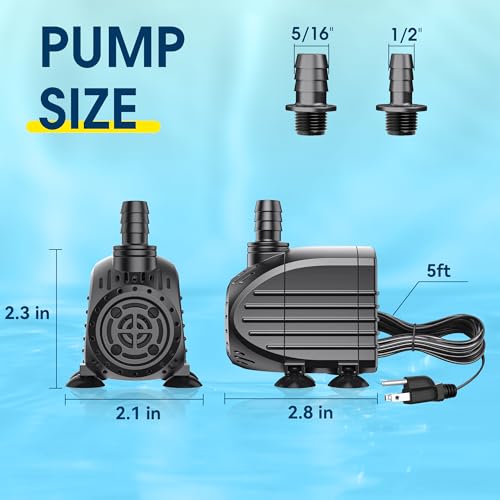 Ultra Quiet Submersible Water Pump 120GPH Size 2.8Lx2.1Wx2.3H in | Water Pump with Dry Burning Protection, 5ft Cord, 3ft High Lift for Fountains, Waterfall, Hydroponics, Aquariums KF202 - size: 120GPH