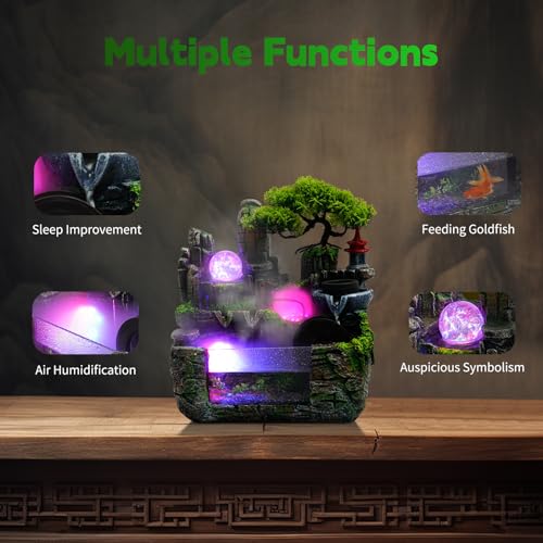 Indoor Rockery Fountain Goldfish Tabetop Waterfall with Atomizer & LED Light,Feng Shui Desktop Water Fountain Decoration,Perfect for Office, Home, Bedroom Desk