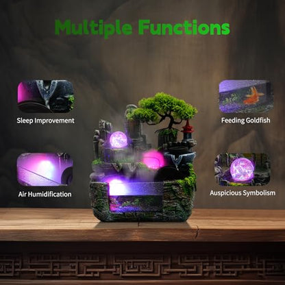 Indoor Rockery Fountain Goldfish Tabetop Waterfall with Atomizer & LED Light,Feng Shui Desktop Water Fountain Decoration,Perfect for Office, Home, Bedroom Desk