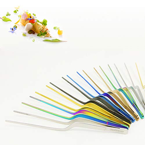 CREATIVECHEF 8 Inch Curved Stainless Steel Precision Kitchen Cooking Multi-function Tweezers Culinary Offset Tweezer Tongs (Curved, color) - color: Colorful