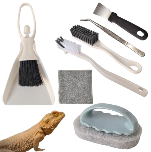 7PCS Bearded Dragon Tank Cleaning Kit, Specialized Cleaning Tool Set for Reptile Tanks, Includes Curved Tweezers, Glass Scraper, Desktop Dustpan, Tile Brush, Charcoal Cloth, Gap Brush, and Scraper