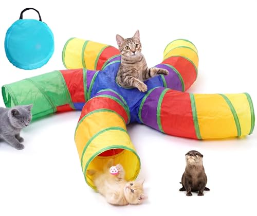 Bemodst S-Type Cat Tunnel, 2 Way/3 Way/4 Way/5 Way Collapsible S-Shape Small Animal Tubes Kitty Tunnels Interactive Maze House Toy with Storage Bag for Kitten Puppy Rabbit Guinea Pig (Rainbow-5 Way) - color: Rainbow-5 Way