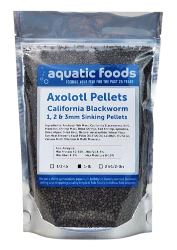 Axolotl Blackworm Pellets. 1mm, 2mm, 3mm Size Mix of Sinking California Blackworm Micro Pellets for All Axolotl, Frogs, Shrimp, Salamanders, Newts, Snails…1-lb Pouch Bag - size: 1 Pound (Pack of 1)