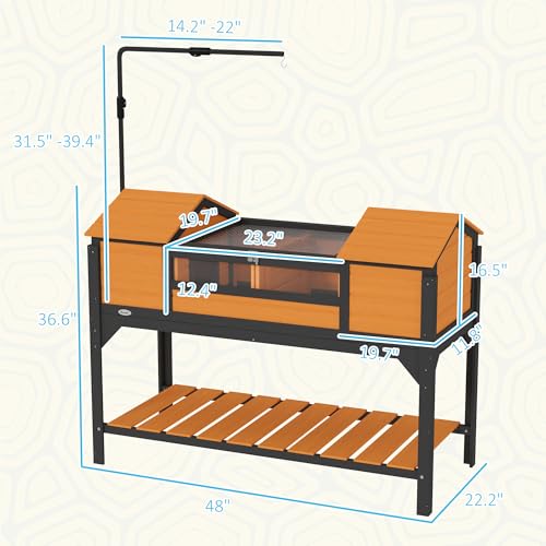 PawHut Tortoise Habitat with Adjustable Lamp Holder, Attached Tray Yellow | Wooden Tortoise Enclosure, Storage Shelf, Dual Main Houses, Openable Lid - color: Yellow