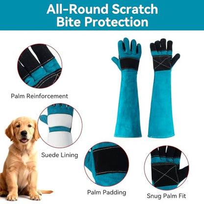 Animal Handling Gloves – Bite-Proof, Multi-purpose, Pet Leather Gloves with Padding - color: Blue, size: 17.7