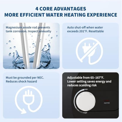 Takywep 2.6 Gallon Mini Tank Electric Water Heater, 120V, Compact Under Drain Basin Design, Energy Efficient Ideal for Kitchen, Bathroom, RV, Small Home (10L)
