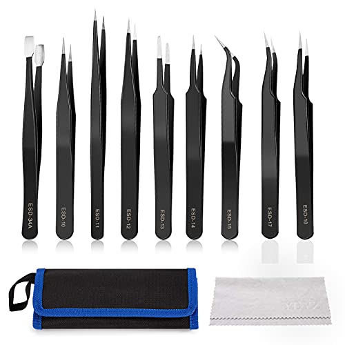 YHYZ 9PCS Precision Tweezers Set, Premium Anti-Static Stainless Steel Precise Tweezers (Fine, Curved, Flat), for Craft, Electronic, Soldering, Model, Hobby, Jewelry Making, Laboratory - style: 9pcs with case, V1