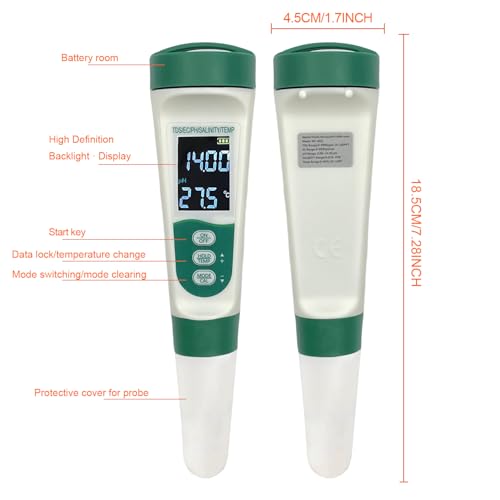 5-in-1 Water Quality Tester: Salinity, pH, TDS, EC & Temperature Meter for Aquarium, Pool, Spa, Pond and Hydroponics