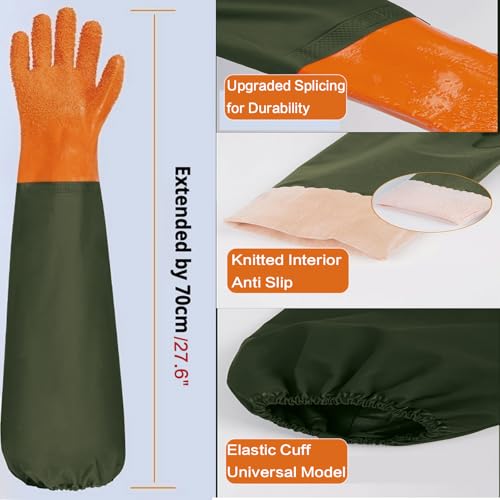 YOFANG 27.6" Extra Long Pet Grooming Bathing Gloves for Dogs & Cats | Anti-Bite Anti-Scratch Hair Removal Cat Bath Glove with Soft 3500+ Particles, Waterproof Rubber Washing Gloves,Orange/Green