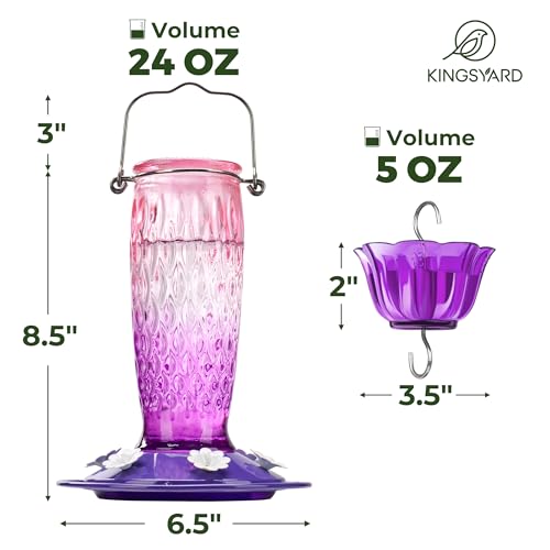 Kingsyard Glass Hummingbird Feeder for Outdoors with Ant Moat | 24 oz, Wide-Mouth Opening, 6 Metal Feeding Ports, Bee Guard, Easy to Clean & Refill Nectar, 360 Degree Perch, Pink & Purple - color: Pink & Purple