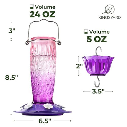 Kingsyard Glass Hummingbird Feeder for Outdoors with Ant Moat | 24 oz, Wide-Mouth Opening, 6 Metal Feeding Ports, Bee Guard, Easy to Clean & Refill Nectar, 360 Degree Perch, Pink & Purple - color: Pink & Purple