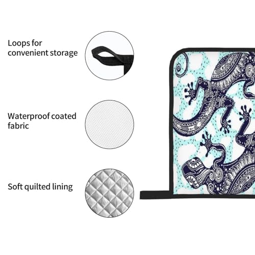 Gecko Lizard Abstract Reptile Animal 4-Piece Oven Mitts and Handle Covers Set - Heat Resistant Baking Gloves for Kitchen BBQ Grilling