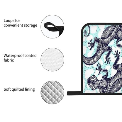 Gecko Lizard Abstract Reptile Animal 4-Piece Oven Mitts and Handle Covers Set - Heat Resistant Baking Gloves for Kitchen BBQ Grilling