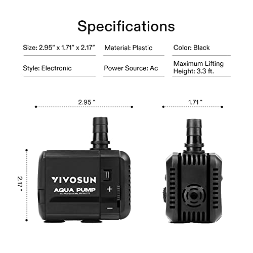 VIVOSUN 210GPH Submersible Fountain Water Pump for Pond, Aquarium, Statuary | 800L/H, 8W, Ultra Quiet Water Pump with 3.3ft High Lift and 5ft Power Cord, 2 Nozzles for Fish Tank, Hydroponics, Black - size: 5"×3"-210