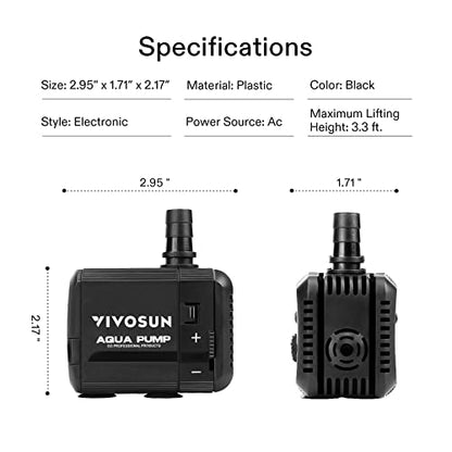 VIVOSUN 210GPH Submersible Fountain Water Pump for Pond, Aquarium, Statuary | 800L/H, 8W, Ultra Quiet Water Pump with 3.3ft High Lift and 5ft Power Cord, 2 Nozzles for Fish Tank, Hydroponics, Black - size: 5"×3"-210
