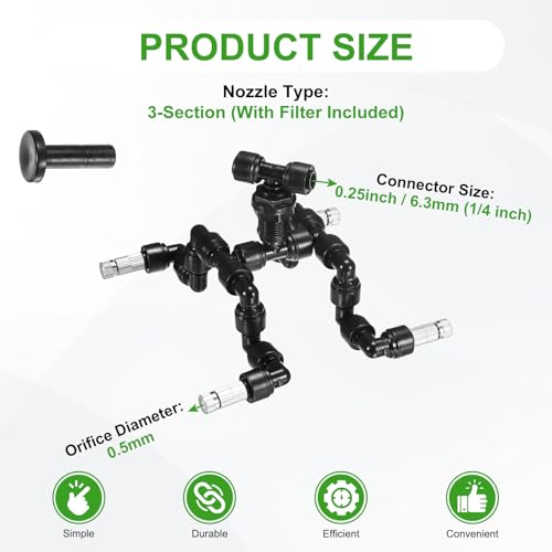 M METERXITY Reptile Mister Nozzles, 0.5mm Pore Copper 1/4" Four-Head Reptile Misting Spray Nozzle with filter Plug for Terrarium/Vivarium, 360 Degree Adjustable Nozzle [Black]