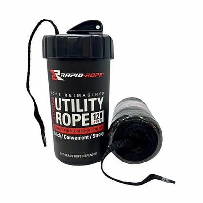 Rapid Rope Canister, 120ft Black Tactical Paracord, 1100lb Test, USA Made | Heavy Duty Poly Rope Test Cord, Non-Tangle Dispenser Included, For Hiking, Camping, Survival, Utility, Stocking Stuffer, Gift - size: 120ft, style: Black