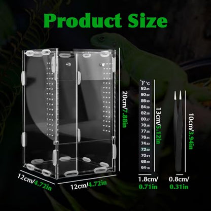 Jumping Spider Enclosure, 4x4x8 Inch Acrylic Reptile Terrarium Enclosure, with Magnet Front Opening Door, for Snail, Spiders, Mantis, Lizard, and Small Reptiles(Tweezer & Temp Sticker Included)