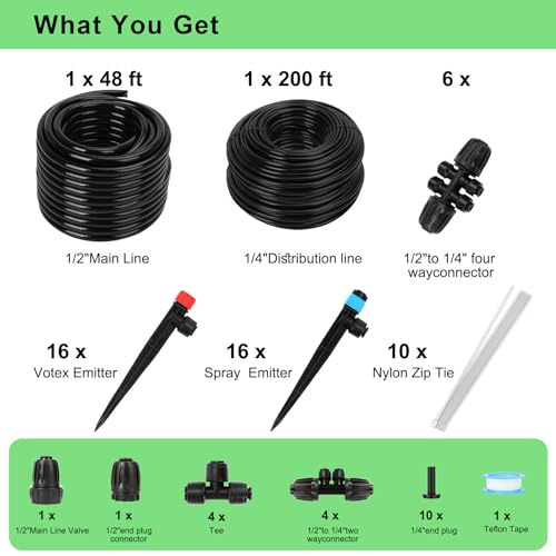 250FT Drip Irrigation System for Garden - 50FT 1/2" Main Tube & 200FT 1/4" Branch Tubing, Brass Splitter, Quick Connect Design, Perfect for Outdoor Plants, Raised Beds, Greenhouses - size: 248FT (48FT 1/2 Inch+200FT 1/4 Inch）