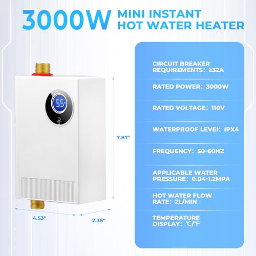 Tankless Water Heater Electric 110V, 3000W Under Sink Instant On Demand Hot Water Heater, Portable Mini Water Heaters with Digital Display for Kitchen Bathroom RV