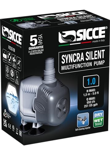 SICCE Syncra Silent 1.0 Multifunction 251 GPH Submersible Water Pump | Italian Made 16W Ultra Quiet Durable Aquarium Fish Tank, Fountain, Pond, Hydroponics, Terrarium Black | Freshwater & Saltwater - size: Syncra Silent 1.0