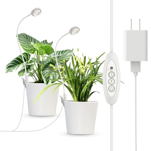 Clip-On Grow Lights for Indoor Plants, 2-in-1 Dual Head Timer | Flexible gooseneck arms bend to aim each head; 4000K full spectrum LED with CRI 95 and 4 dimming levels for leafy