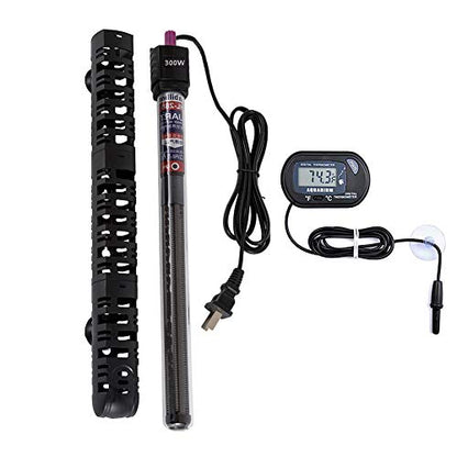 MQ Submersible Aquarium Heater Auto Thermostat, 300W Fish Tank Heater for 35-60 Gallon with LCD Digital Aquarium Thermometer, Shatter-Proof and Blast-Proof - size: 300W for 35-60 Gallon